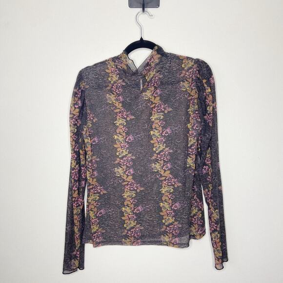 Free People Amber Black Mesh Fitted Mock Neck Blouse Size Large - Picture 3 of 3